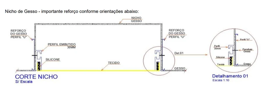 Corte do nicho de gesso com o perfil de embutir de 30 mm
