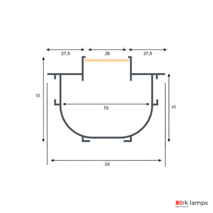Perfil LED Embutir No Frame Indiretta 88×55mm Ark Lamps PL131 — desenho técnico com medidas
