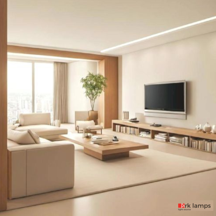 Perfil LED Embutir No Frame Indiretta 88×55mm Ark Lamps PL131 — sala com luz indireta na sanca