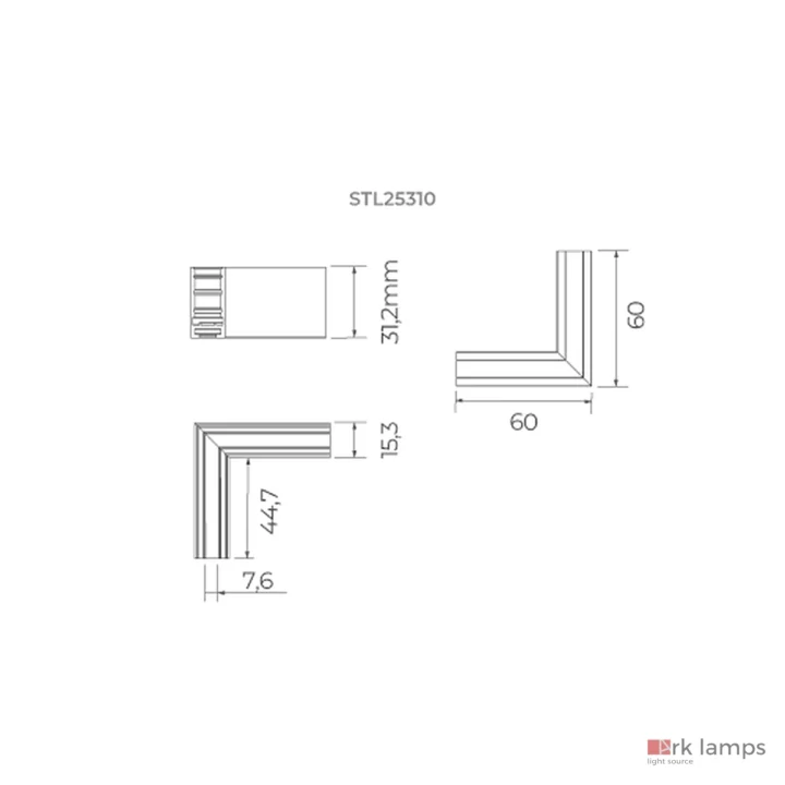 Conector L para Trilho Trace Micro 24V · Stella · STL25310PTO — desenho técnico com medidas