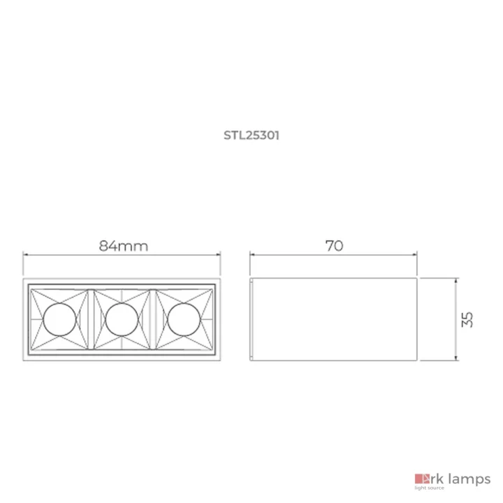 Square Micro Sobrepor 3F 7W 310lm 30° · Stella · STL25301PTO-BP/27 — desenho técnico com medidas